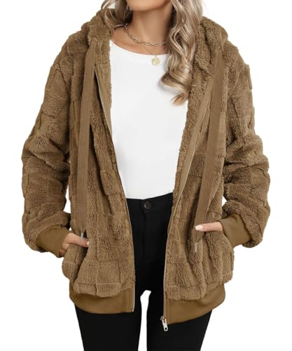 EIRUKON Abrigo Mujer Caliente Esponjoso Invierno Chaqueta Grueso Abrigos Sudadera Polar con Capucha Cremallera de Peluche Cálido Outerwear,Café,S