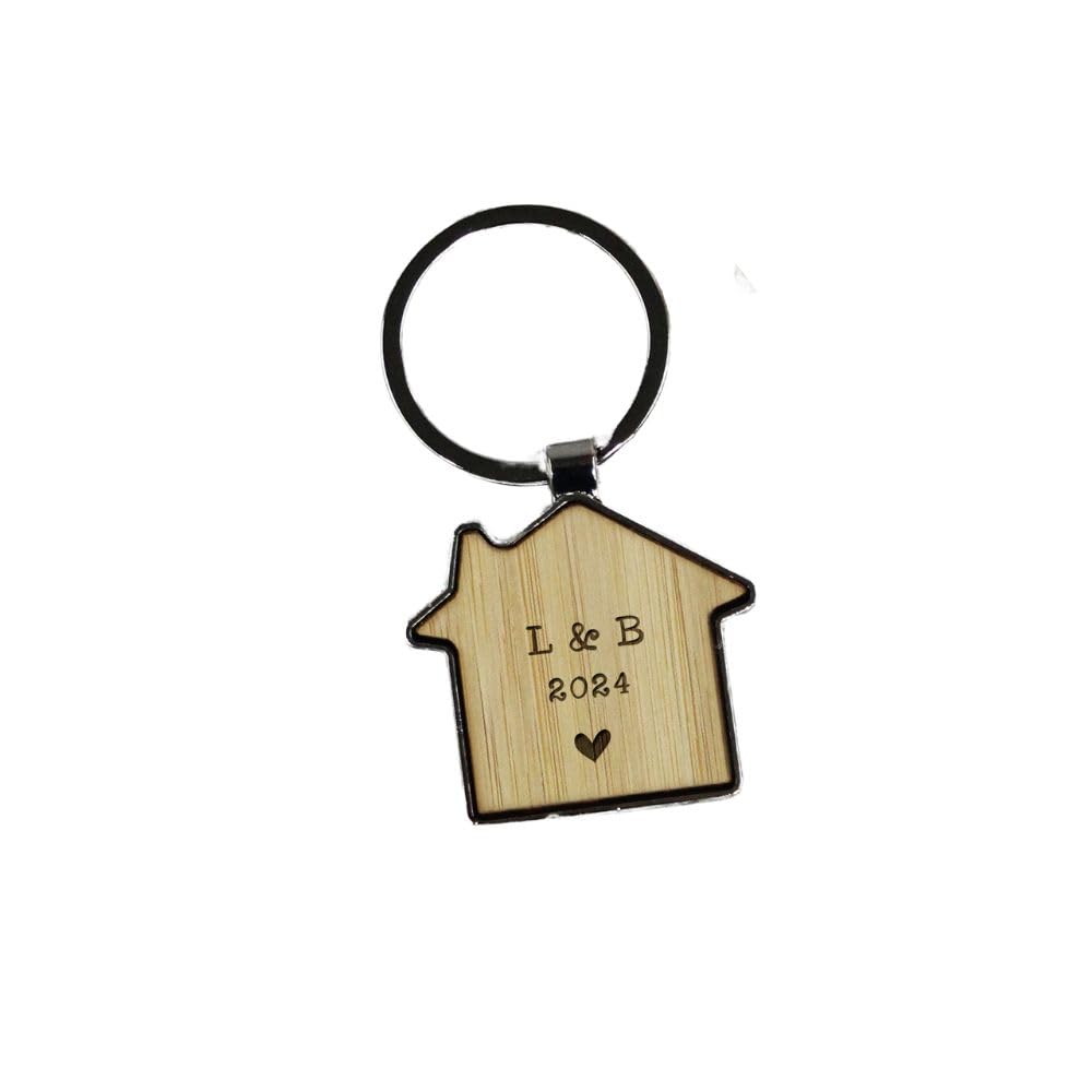 eBuyGB Personalised House Shaped Keyring with Initials & Date, Housewarming Gift, New Home, His & Hers, Gifts for Homeowner, Moving House, Couples Keyring (Set of 1)