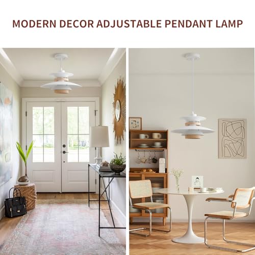 EFINEHOME Modern Decor Adjustable Pendant Lamp Kitchen Island, Aluminum and Wood Finish,1-Light E26 Base Ceiling Hanging Light for Dining Room Shop Restaurant (White+Light Wood Grain, 40cm) by EFINEHOME - Image 5