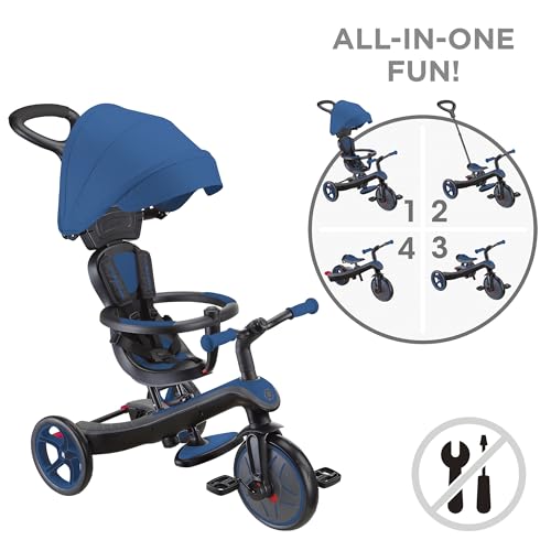 GLOBBER Explorer Trike 4in1 Pro in Blau - Dreirad, Laufrad und Kinderwagen in 10/8,5 Zoll - TPR-Sitz - h&ouml;henverstellbares Kinderfahrzeug