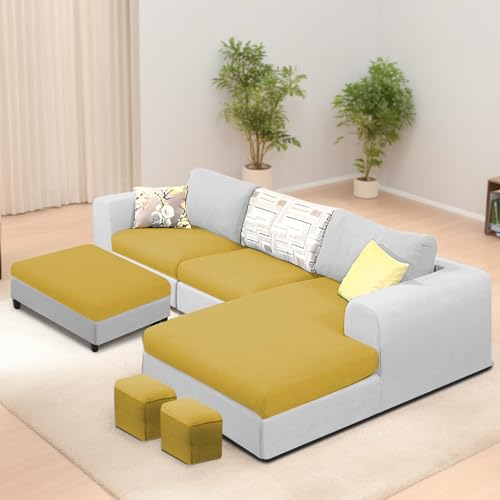 Image of Koza RHS 4 Seater L Shape Sofa Set with Center Table for Living Room (Yellow Grey Fabric) Premium Fabric Sofa