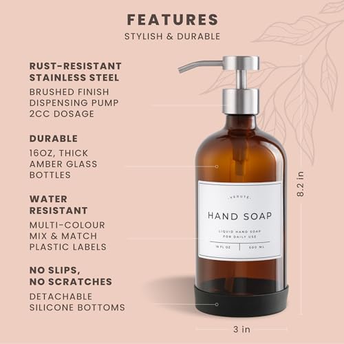 Image of Hand and Dish Soap Dispenser for Kitchen and Bathroom, Set of 2 16 Oz Glass Bottles, Stainless Steel Pumps, Non-Slip Silicone Base, 27 Waterproof Labels (Amber Bottle /Brushed Silver Pump)