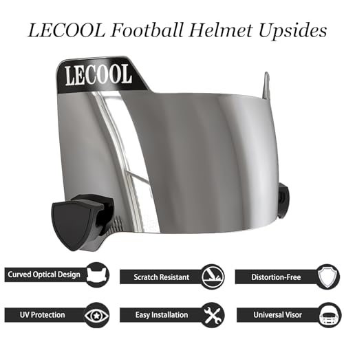LeCool Football Visor – 3D Molded Curved Lens Technology, Wide Field Vision, Fits Youth & Adult Helmets (Silver)