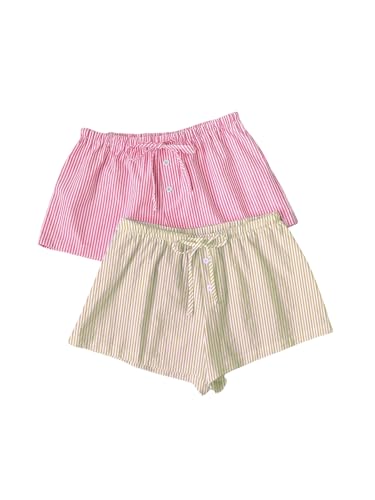 MakeMeChic Women's 2 Pack Linen Shorts Striped Gingham Summer Beach Pajama Boxer Shorts Pink Yellow Medium
