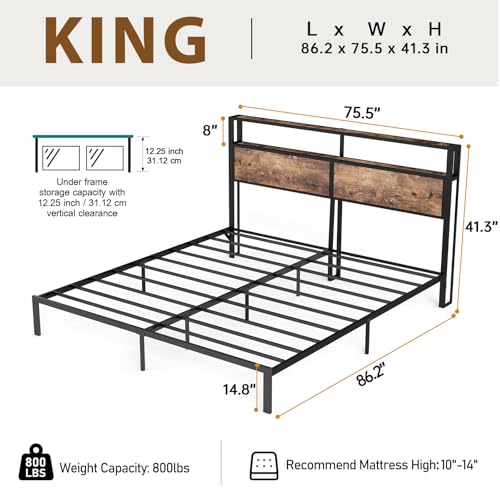 Image of King Size Bed Frame with Headboard, Metal Platform Bed Frame with LED Lights & Charging Station, Under Bed Storage, Solid and Stable, No Box Spring Needed, Noise Free, Easy Assembly, Vintage Brown