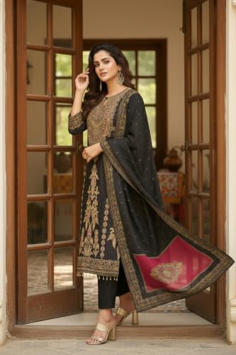 Image of Amazon Brand - Tavasya Womens Ethnic Motifs Embroidered Kurta Pant Set With Designer Long Dupatta