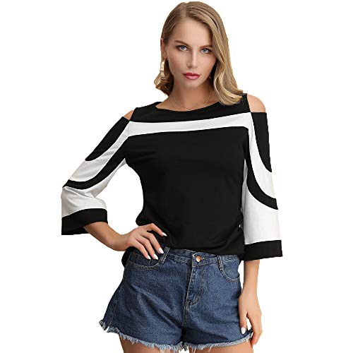 Women's Blouses and Tops 3/5 Bell Sleeve Black White Colorblock Cold Shoulder Top T-Shirt