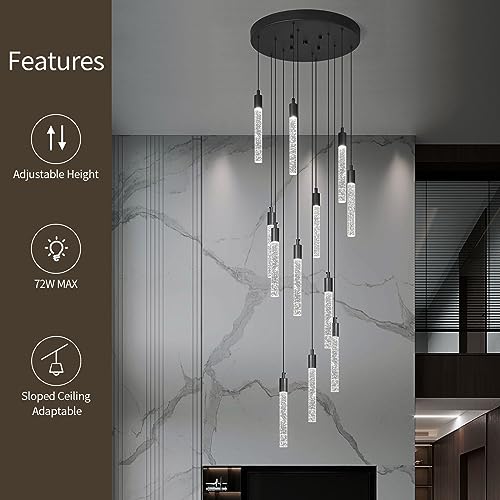 Image of 12-Light Modern Living Room Chandelier Black Crystal Ceiling Pendant Lights LED Dimmable 72W 6000K Staircase Large Chandeliers for Entryway Lobby Foyer High Ceiling Chandeliers
