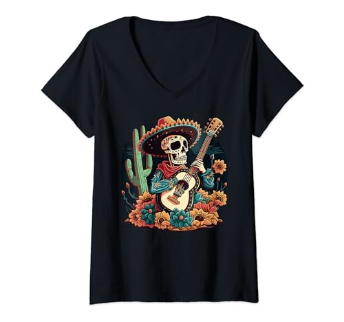 Damen Mexikanische Fiesta Cinco De Mayo Skelettgitarre Kaktus Floral T-Shirt mit V-Ausschnitt Damen Mexikanische Fiesta Cinco De Mayo Skelettgitarre Kaktus Floral T-Shirt mit V-Ausschnitt