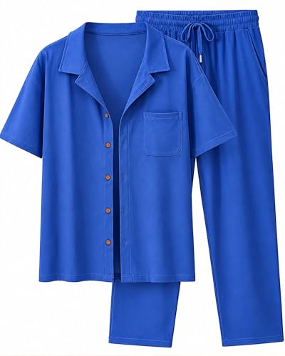 Image of Men's 2 Piece Sets Summer Beach Outfits Button Down Shirt Casual Loose Pant Sets
