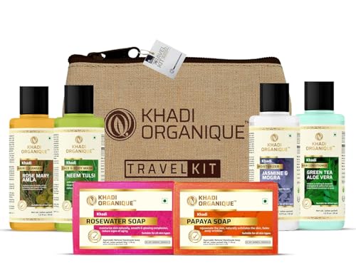Image of Khadi Organique Personal Care Travel Kit - Complete Set with Herbal Shampoo, Conditioner, Body Wash, Soap & Moisturiser | Compact Travel Essentials | For Men & Women | All Skin & Hair Types
