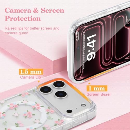 Coque compatible Magsafe iPhone 17 Pro Max mince transparente au style floral
