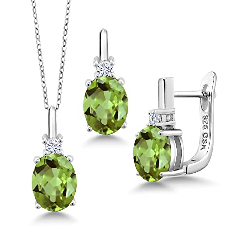 Gem Stone King 925 Sterling Silver Pendant Earrings Set Oval Green Peridot And Moissanite (6.36 Cttw, Gemstone Birthstone, With 18 Inch Silver Chain) #TOP9