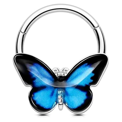 OUFER Butterfly Septum Rings, 16G Daith Septum Piercing Jewelry, Hinged Segment Clicker Daith Helix Cartilage Earrings for Women Men-Blue/Pink Blue 16G 10MM