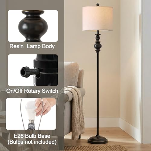 Image of BOBOMOMO 64.25 inch Farmhouse Floor Lamp for Living Room, Tall Antique Black Standing Lamp with Rotary Switch, Mid-Century Modern Reading Lamp for Bedroom & Office, Minimalist Home Decor Corner Lamp