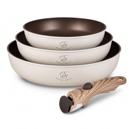 Royal swiss® Lot de Poêles, 4 Pièces, Poignée Amovible, Revêtement en Marbre, Induction, Sans PFAS, Pour toutes les sources de chaleur Noir (Beige, 4)