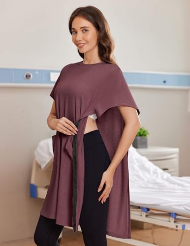 Image of Deyeek Women's Post Shoulder Surgery Hospital Gowns Tear Away Short Sleeve Full Open Side Snap Adaptive Clothing Nightgowns