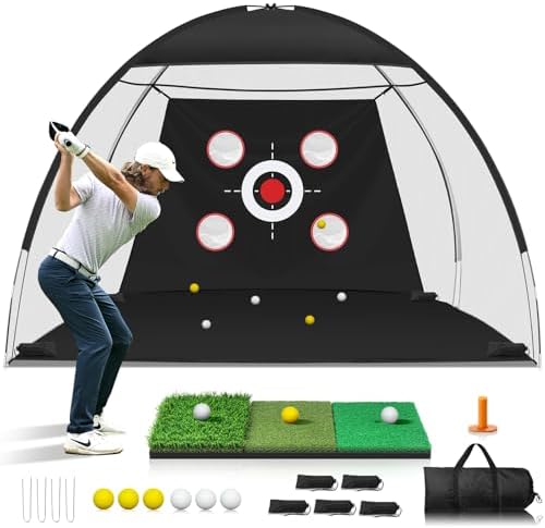 10x7FT Golf Net with Mat, Golf Practice Net for Backyard Garage Indoor Outdoor with Target Pockets for Driving Chipping Swing, for Men Women Dad Husband Golfer, Ideal Gift for Him