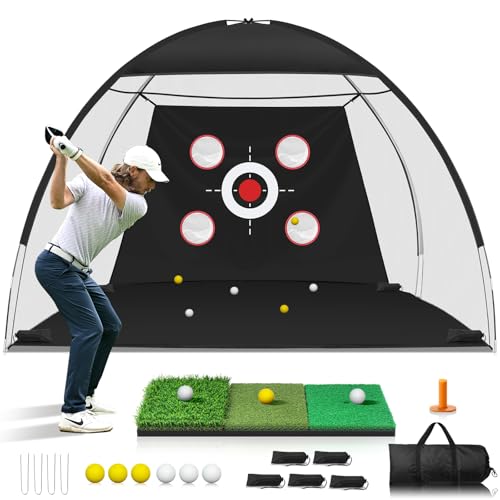 10x7FT Golf Net with Mat Golf Practice Net for Backyard Garage Indoor Outdoor with Target Pockets for Driving Chipping Swing for Men Women Dad Husband Golfer Ideal Gift for Him