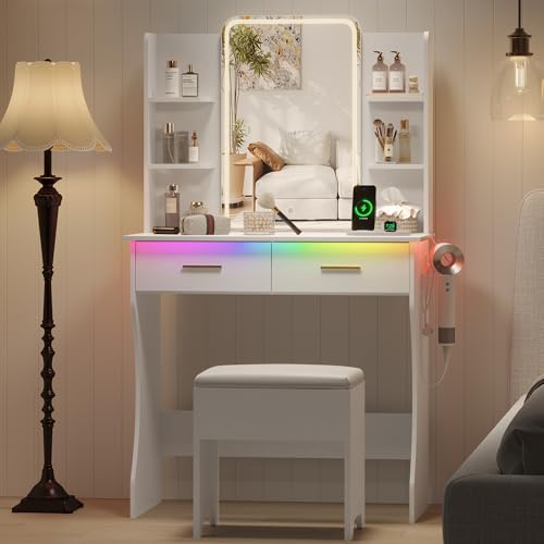 Image of Small Vanity Desk with Mirror and Lights, Makeup Vanity with LED Lights, White Vanity Mirror with Lighted Desk and Chair, 3 Lighting Adjustable Compact Dressing Table with Mirror for Women, Girls
