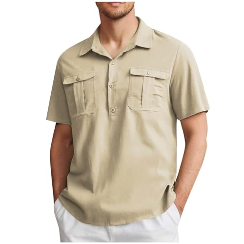 2026 Camisa de Manga Corta para Hombre con Botones Bolsillos Camiseta para Hombre Algodón y Lino Cómodo Color Sólido T Shirts Casual Verano Ropa Talla Grande