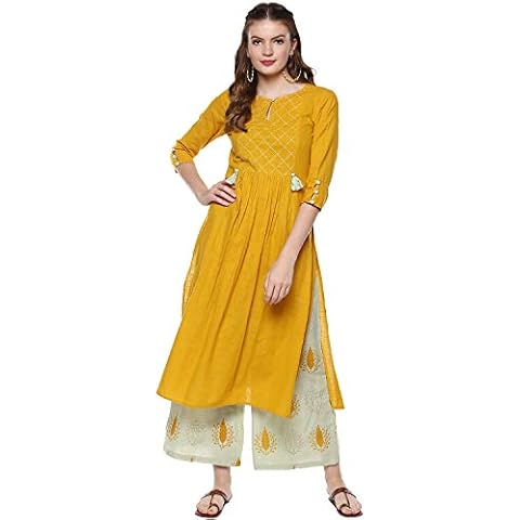 Idalia Straight Cotton Kurta with Palazzo Pant Set - Ideal for Wedding & Festive Occasions - 3/4 Sleeve, Round Neck (as1, alpha, 3x_l, regular, regular, Mustard) Cover