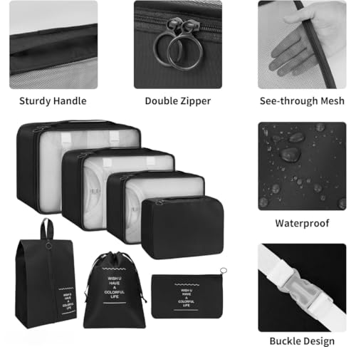 Image of Nylon 7 Pcs Travel Organizer Pouch Packing Cubes For Travel Clothes Space Savers Bags Cosmetics /Underwear /Socks /Shoes Toiletry Organiser Pouch (Black)