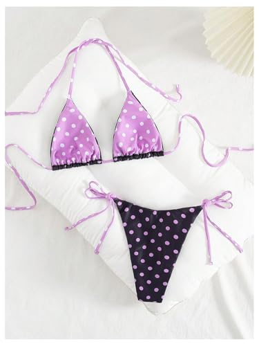 Image of WDIRARA Women's Polka Dots Bikini Set Halter Triangle String Swimsuit Tie Side 2 Piece Bathing Suit