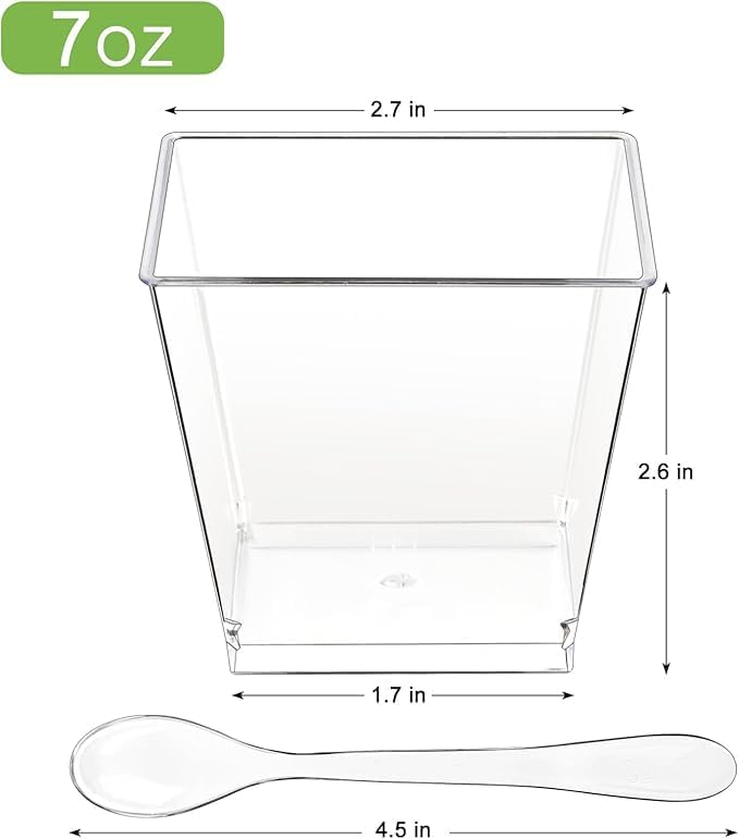 Zezzxu 7 oz Square Mini Dessert Cups with Spoons - 50 Pack Plastic Pudding & Parfait Cups Party Dessert Shooters for Serving Trifle Mousse Cake Appetizer Fruit - Image 2