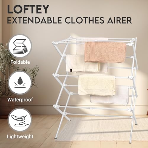 LOFTEY 3 Tier Extendable Clothes Airer, Cloth Drying Rack, Folding Clothes Horse Indoor and Outdoor, Space-Saving Maiden, 74 x 30 x 95 cm, White - Image 2