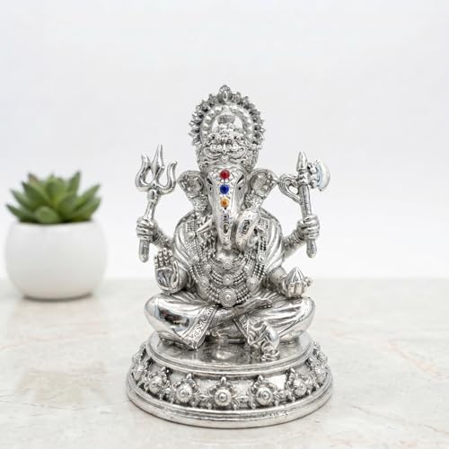 Image of Silver Plated Ganesh Idol 3 Inch with Gift Box | Ganpati Murti for Home Decor, Puja Room, Office Desk & Car Dashboard | Spiritual Housewarming Gift Showpiece
