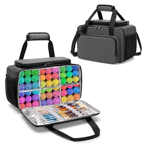 LoDrid Acrylic Paint Bottle Organizer, Holds 54 Bottles (2 OZ), Paint Storage Bag with Strap, Handle and Brush Storage, Easy Clean Lining, Grey