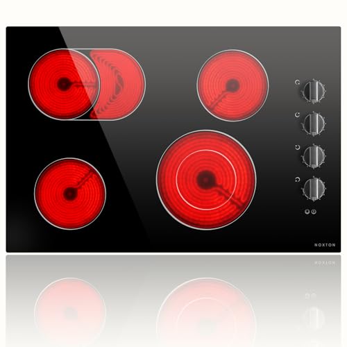 Image of Noxton 4 Burner Electric Cooktop 30 Inch, Knob Control Ceramic Cooktop, 30 inch Radiant Electric Stove Top with Extended Zone, Hot Surface Indicator,9 Power Levels, 32Amps 220-240v Hard Wire(No Plug)