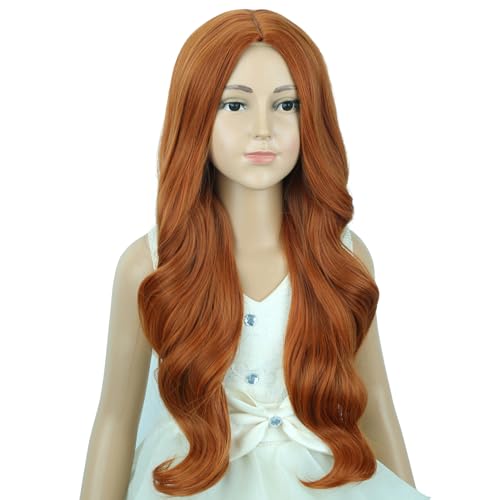Image of Child Ginger Wig Girls Long Dark Orange Wavy Curly Wig Long Middle Part Wigs for Kids Heat Resistant Synthetic Wigs with Cap