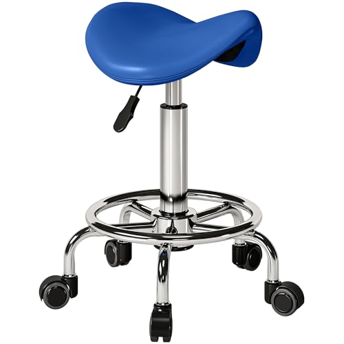 HOMCOM Saddle Stool, PU Leather Adjustable Rolling Salon Chair for Massage, Spa, Clinic, Beauty, Hairdressing and Tattoo, Blue