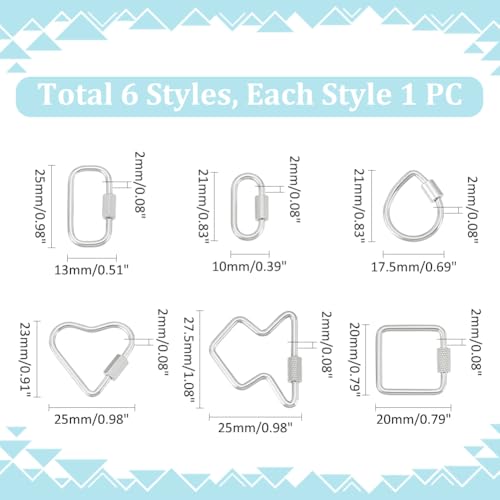 UNICRAFTALE About 6Pcs 6 Styles 304 Stainless Steel Screw Carabiner Lock Charms Metal Screw Locking Keychain Carabiner Charm Oval Teardrop Heart Keychain Clip for Necklaces Jewelry Making Supplies - Image 3