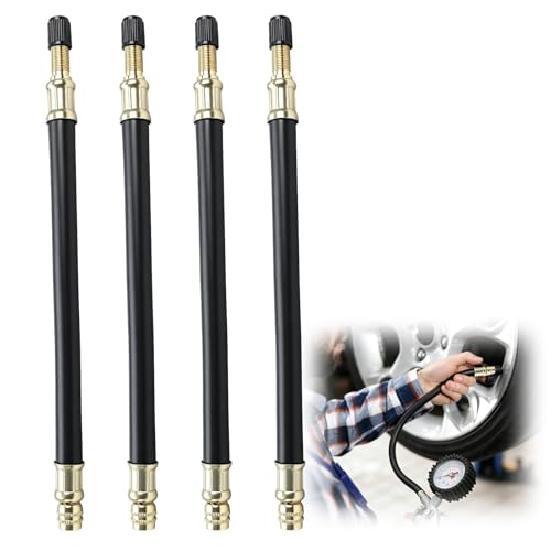 Image of 4-Pack Tyre Valve Extension Adaptors, 210mm Flexible Rubber Stems, Black