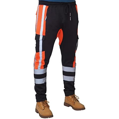 RUBAHA'S CLOTHING Mens Hi Viz Fleece Jogger Work Trousers Cargo Combat Workwear Pants Reflective Tape Hi Viz Trousers (Black, L) Cover