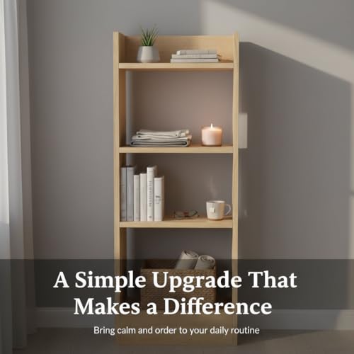 Image of FURLAY Modern Minimalist Wood Ladder Shelf - 4-Tier Open Storage Unit, Space-Saving Organizer for Bathroom, Kitchen, and Living Room (Classic Oak)