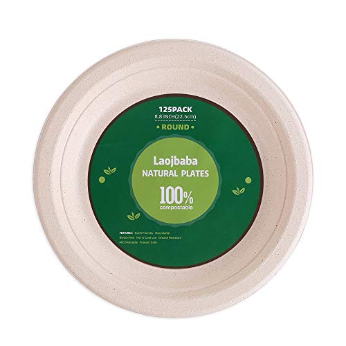 Laojbaba [125-Pack] 8.8\'\' Eco-Friendly,100% Compostable,Heavy-Duty Quality Natural Disposable Plates, Made of Sugar Cane Fibers, Brown