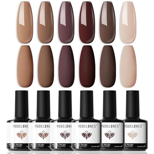 Modelones Esmaltes Semipermanentes para Uñas en Gel,6 Colores Kit Pintauñas Semipermanentes Uñas de Gel, Marrón Nude Marrón Oscuro