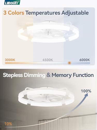 Image of LEDIARY 24 inch Ceiling Fans with Lights and Remote, Modern Low Profile Ceiling Fan, 3 CCT, Stepless Dimmable, Fandelier Flush Mount Fan Light, 6 Speeds, DC Motor, App & Remote Control for Bedroom(White)