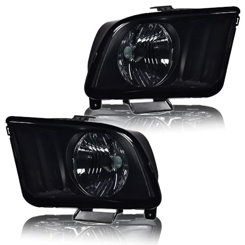 Image of G-PLUS Headlights Assembly, Compatible with Ford Mustang 2005 2006 2007 2008 2009 Bumper Headlamps, Left & Right Smoky Lens Black Housing Amber Reflector
