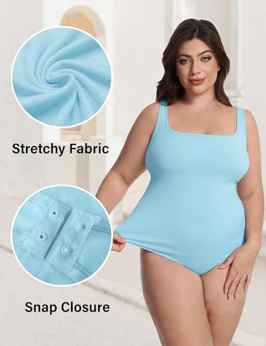 Image of FOREYOND Plus Size Bodysuits for Women Short Sleeves Square Neck Body Suit Tops Casual Basic Slim Fit Shirts Leotards