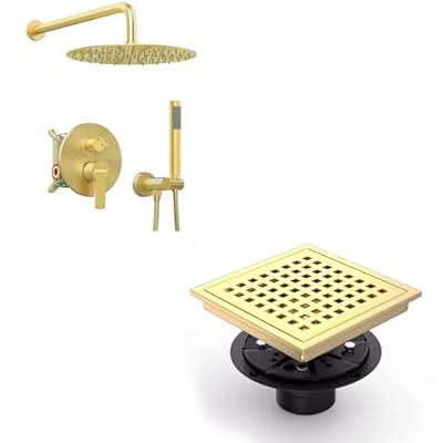 KOJOX 10" Brushed Gold Shower System Bundle: High-Pressure Rain & Handheld Showers, Mixer Set, Wall-Mounted Valve & Trim, 6" Quadrato Pattern Shower Floor Drain in SUS 304