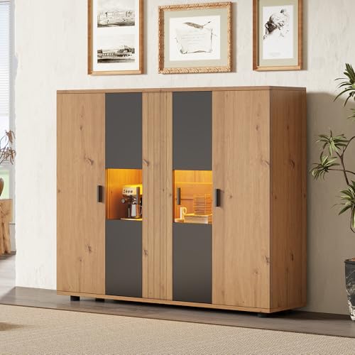 Merax Vitrinenschrank Glasvitrine Vitrine mit LED, Moderner Hochschrank mit 4 Türen, Verstellbare Einlegeböden, Sammlervitrine Bücherregal Standvitrine für Wohnzimmer Büro, 113cm, Holzfarbe & Schwarz