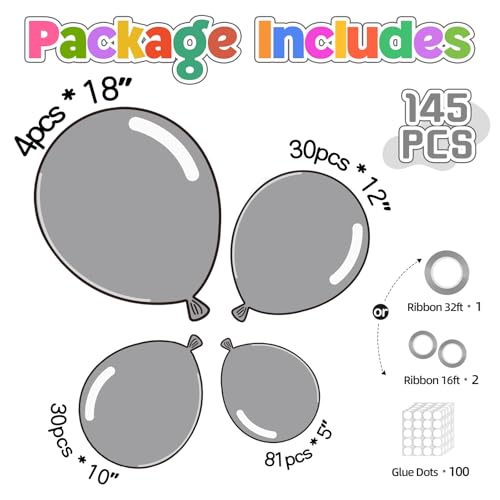 Image of 145pcs Metallic Silver Balloons Different Sizes 18 12 10 5 Inch Sliver Balloon Arch Kit Garland for Birthday Party Graduation Baby Shower Bridal Wedding Disco Anniversary Party Decoration