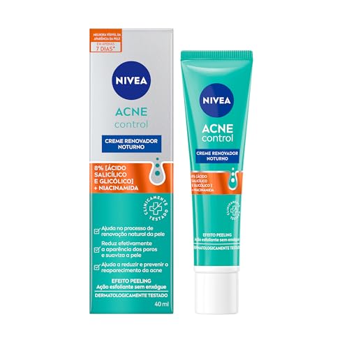NIVEA Creme Renovador Noturno Acne Control 40ml - Efeito peeling, ajuda no processo de renovação natural da pele com ação esfoliante