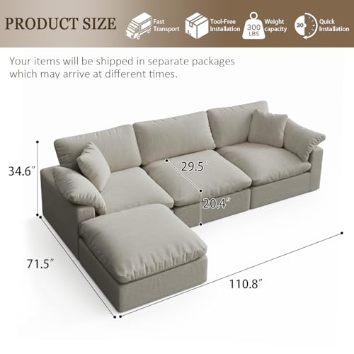 Image of Modular Sectional Sofa Cloud Couch,Down Filled Comfy Cloud Modern Sofa,Light Beige Linen L Shape Oversized Couch Cushion Covers Removable Furniture for Living Room