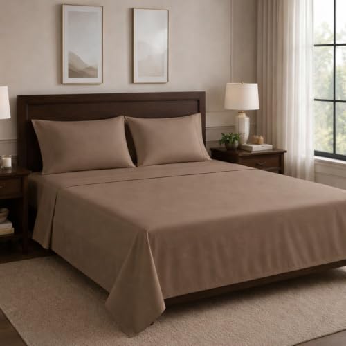 Image of Egyptian Cotton Feel Queen Size Flat Bedsheet with 2 Pillow Covers | 800 TC Soft & Breathable | Taupe Solid Pattern for Bedrooms and Hotels Use (Size: 90 x 107 Inch)
